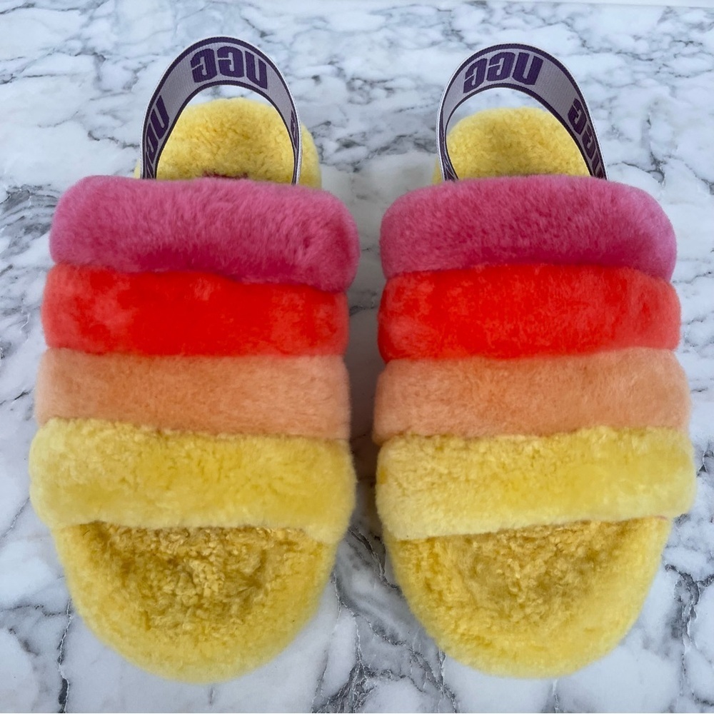 Ugg Fluff Yeah Rainbow Yellow Slide Slipper Platform Colorful Bright Happy Cozy - Picture 4 of 11